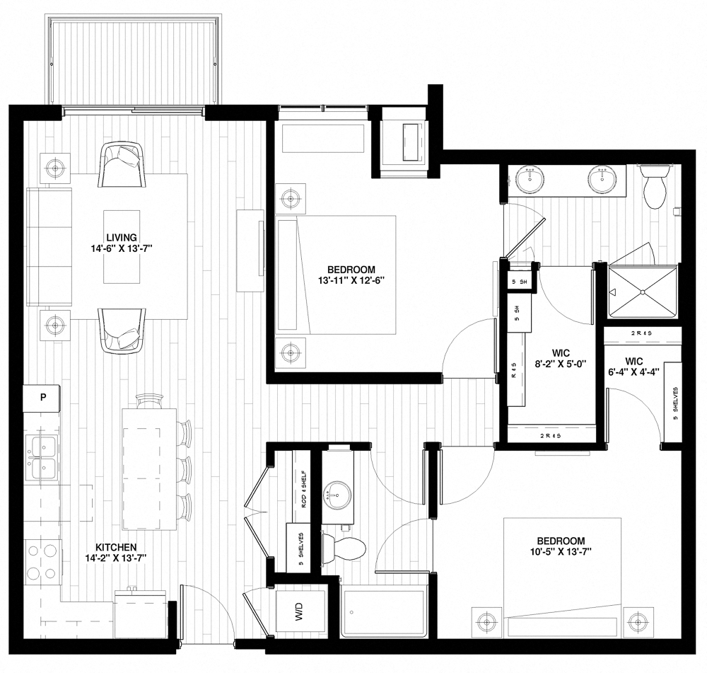 Floor plan for 2 beds, 2 baths, 1081 sqft